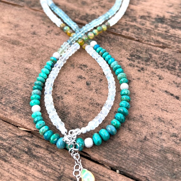 Natural Chrysocolla, Aquamarine, Moonstone Wrap Bracelet Necklace 14k White Gold - Picture 5 of 11